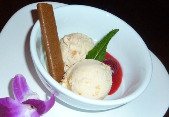 French Peach Ice Cream with Raspberry Coulis